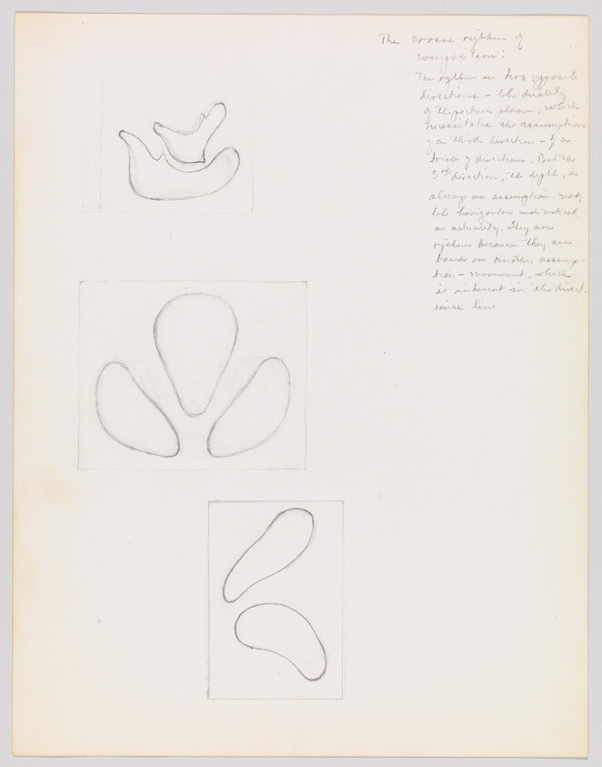 Three rectangular sketches show smooth, rounded three-lobed shapes with handwritten notes on the right.