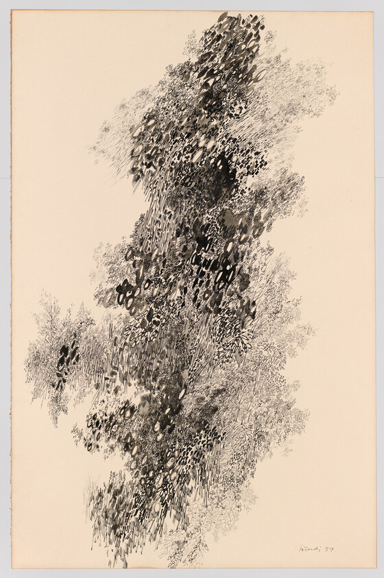 Dense vertical cluster of ink strokes and leafy shapes suggesting abstract foliage on a pale background.