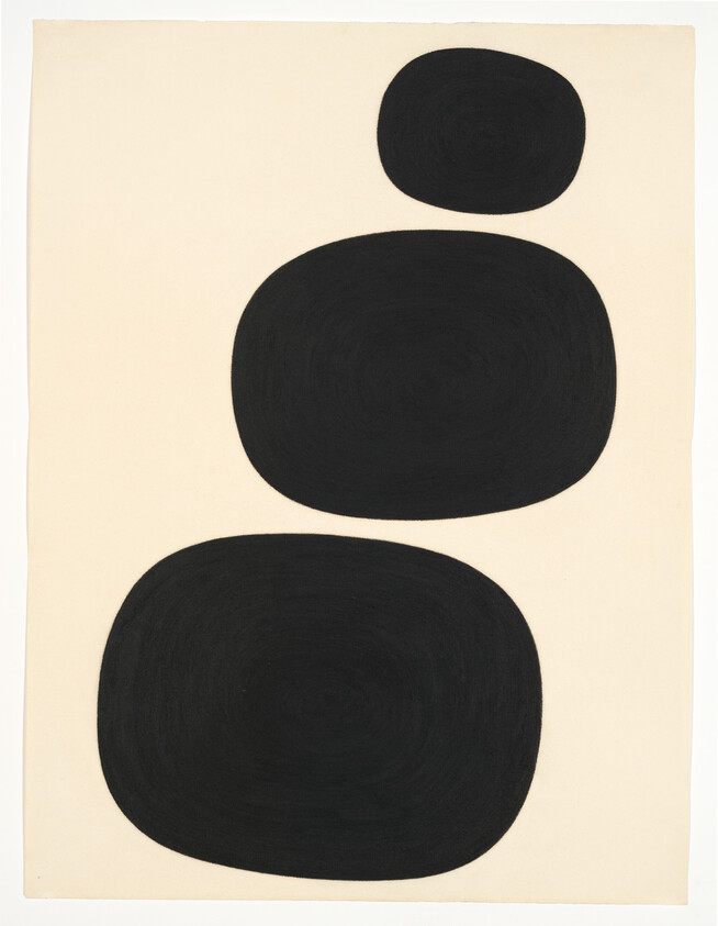 Three large irregular black ovals stacked vertically on a plain beige background.