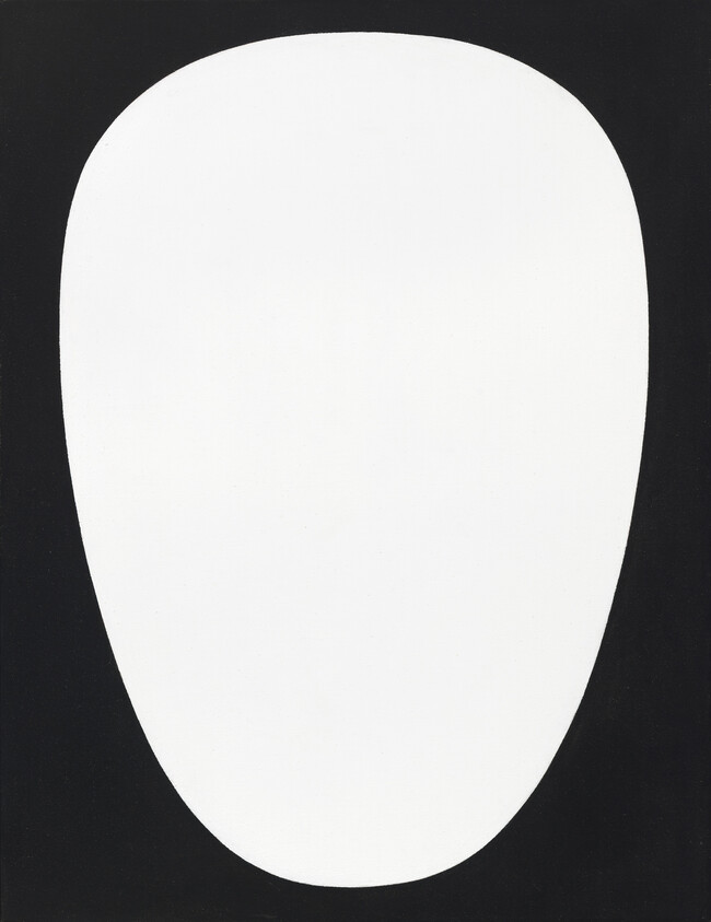 A large white oval shape fills the center against a solid black background.