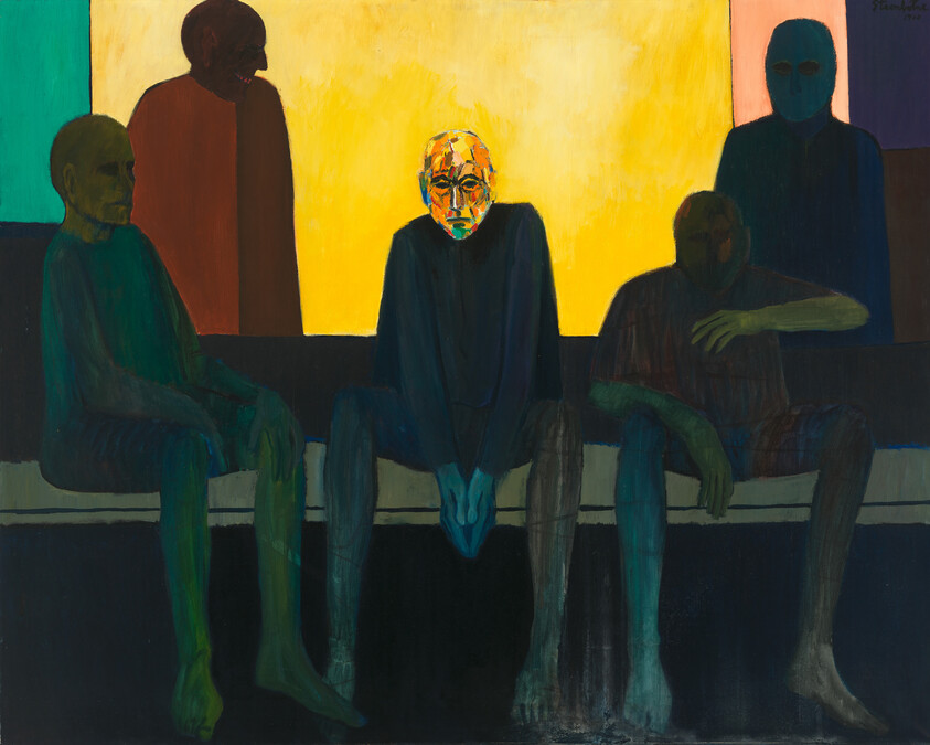 Five seated figures on a bench with a brightly lit elderly face centered against a yellow background.