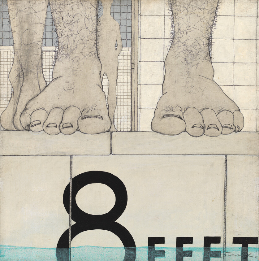 Two bare, hairy feet stand on a ledge above water marked eight feet deep.