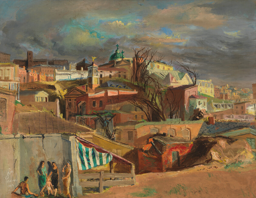 A colorful hillside town with clustered buildings, a striped awning, and four people gathered below.