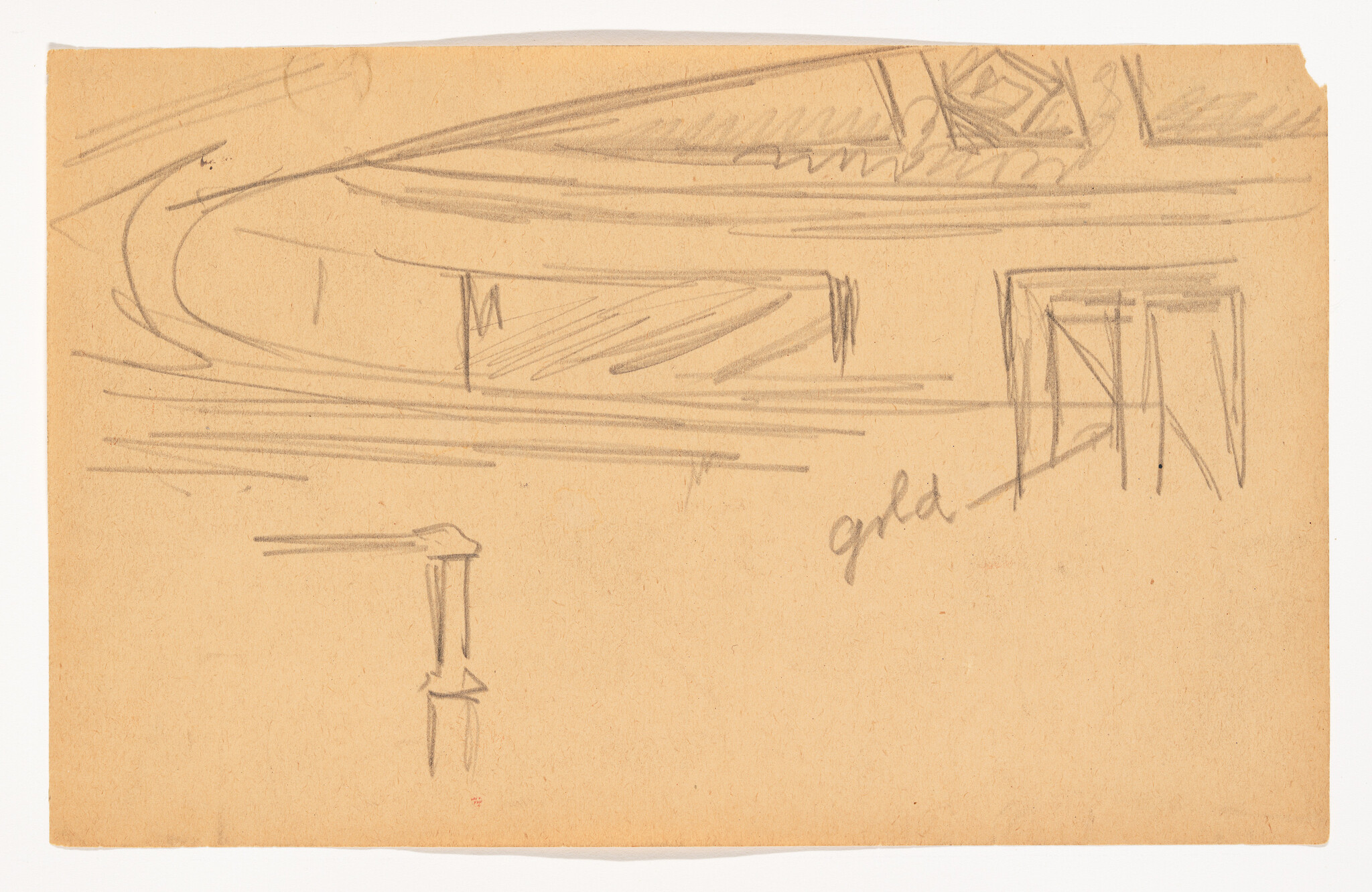 A rough pencil sketch on tan paper, possibly depicting architectural elements or structures with dynamic lines and shapes. The word "gold" is handwritten near the bottom right corner.