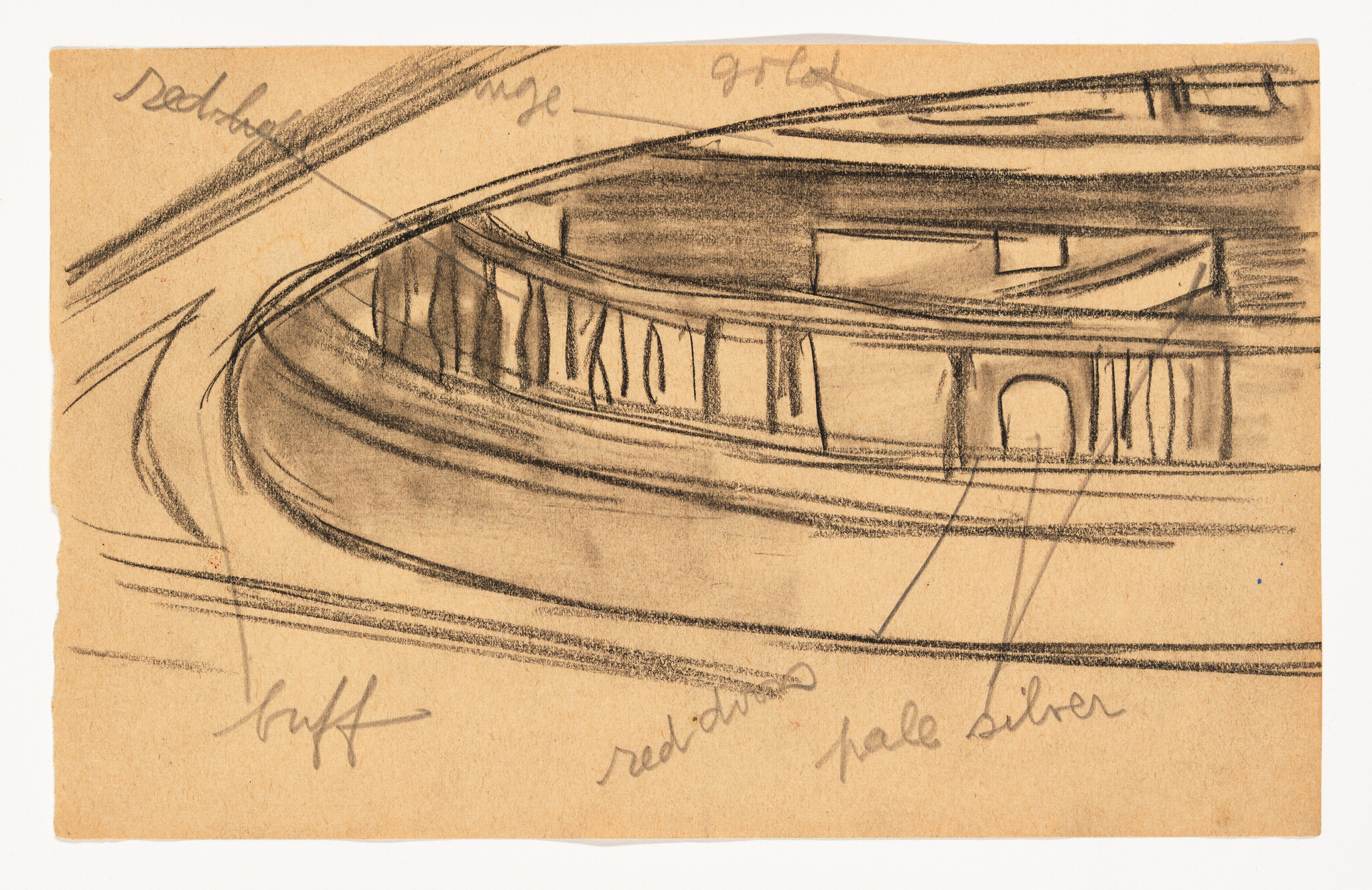 A sketch on tan paper featuring abstract curved lines and shapes that suggest a sense of motion, with darker shading on the curves. There are handwritten notes and scribbles around the drawing in various shades of ink, possibly indicating color choices or other artistic directions.