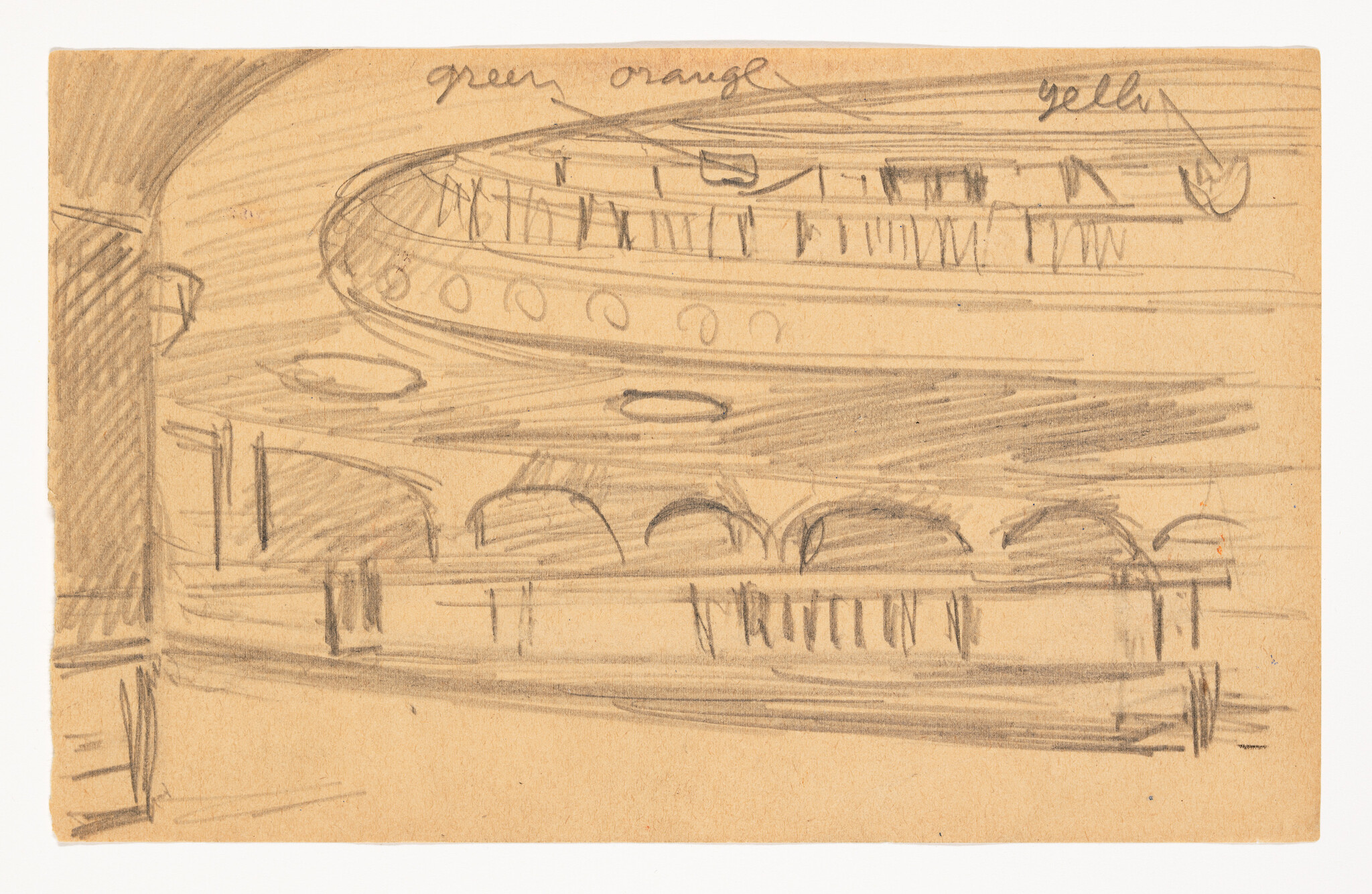 Sketch on tan paper depicting an interior space with curved lines suggesting a ceiling or upper structure, possibly a train or subway station. The drawing includes circular and arched motifs, with indications of color written in pencil as "green, orange, yellow." The style is loose and gestural, with an emphasis on the flow of the space rather than detailed accuracy.