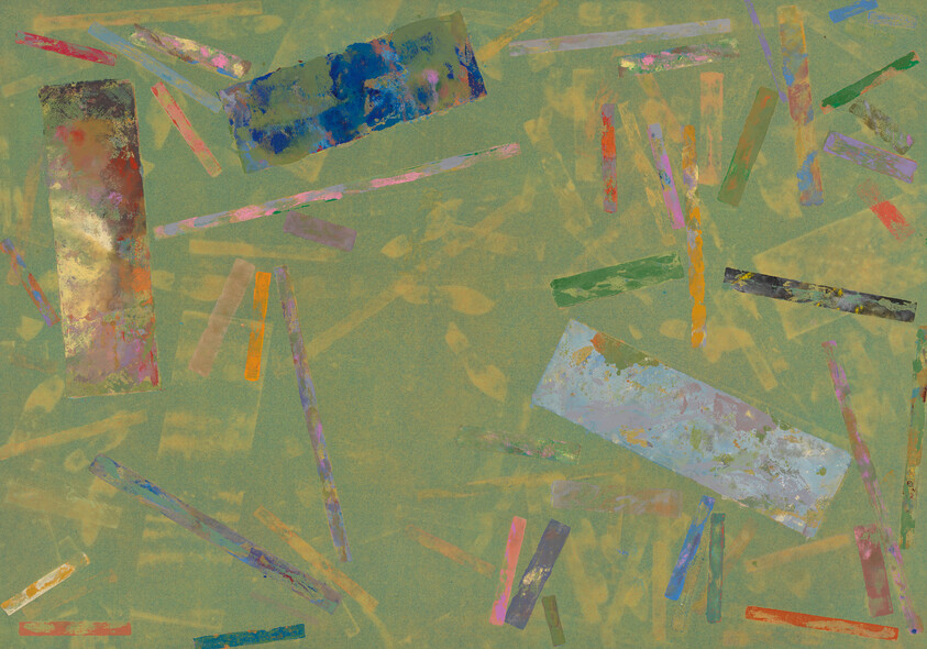 Abstract painting with scattered multicolored rectangular strips floating across a muted green background.