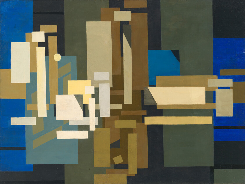 Overlapping rectangles in blue, green, brown, and cream form a balanced abstract geometric composition.