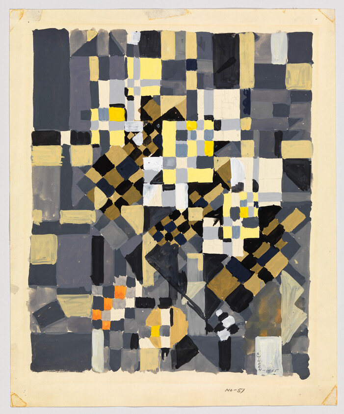Abstract painting of overlapping checkerboard squares in gray, yellow, black, white, and orange.