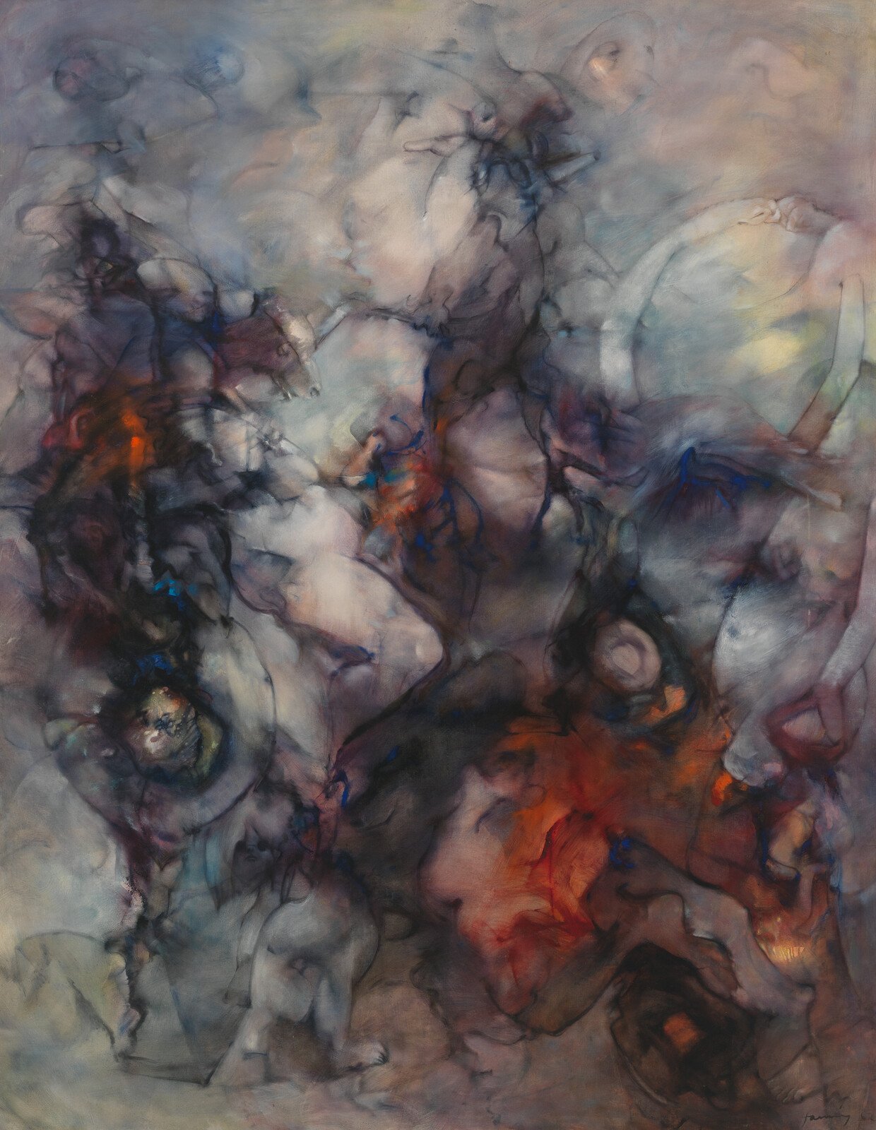 Smoky, swirling abstract painting with dark shapes and glowing red and blue highlights suggesting figures.
