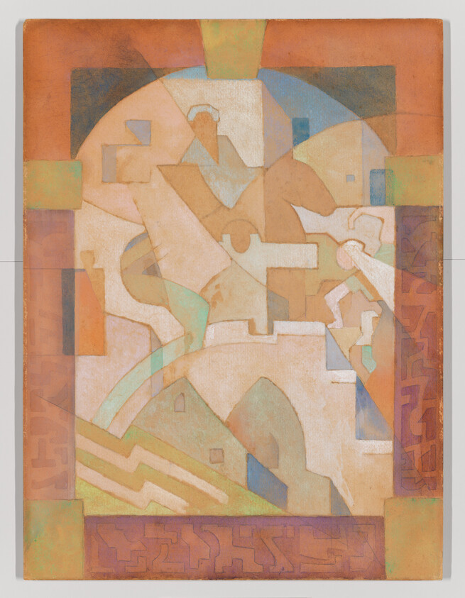 Abstract geometric composition suggesting a horse and rider near arches and stairs in muted colors.