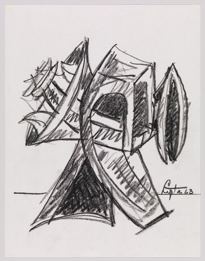Abstract charcoal drawing of overlapping geometric forms with bold curved and angular lines.