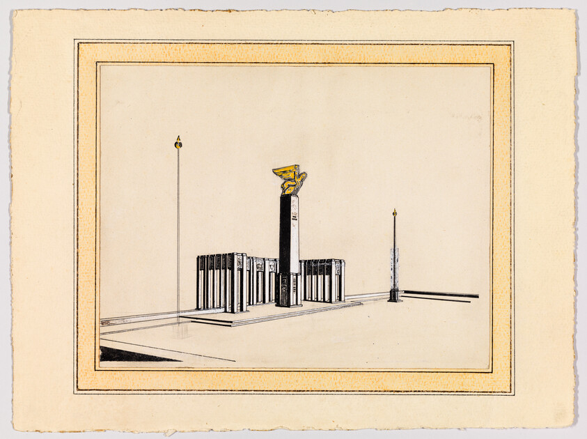 A minimalist architectural drawing of a monumental column topped by a golden eagle beside a colonnade.