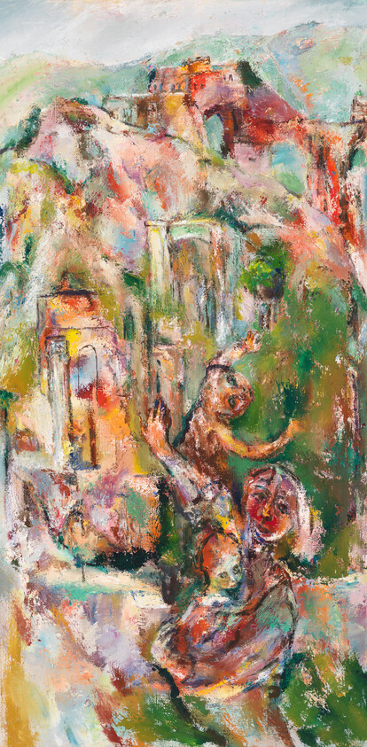 A colorful expressionist painting of two figures reaching upward amid arches and hillside structures.