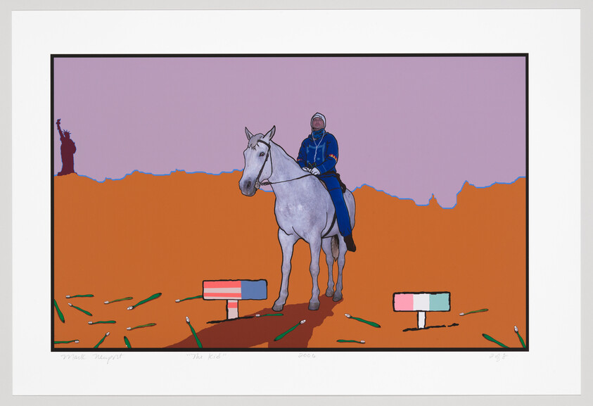 A stylized print featuring a person in a blue hoodie and jeans riding a white horse in the center, set against a flat orange ground and a lavender sky. In the background, a silhouette of the Statue of Liberty is visible. The foreground includes scattered green pencils and two blocks of color resembling erasers. The image has a graphic, flat appearance with bold outlines and minimal shading.