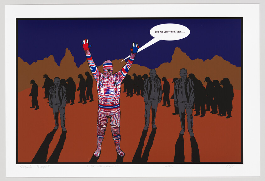 A colorful graphic print featuring a central figure in a striped red, white, and blue outfit with hands raised, wearing gloves that match the outfit. The figure is speaking a phrase that starts with "give me your tired, your..." in a speech bubble. In the background, there are silhouetted figures in shades of black and gray against an orange ground and a dark blue sky. The print includes a signature and title "Minutia-man" on the bottom left and a date "2016" with edition number on the bottom right.