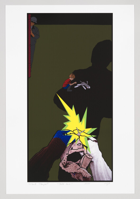 A stylized artwork featuring a large shadowy figure with a bright yellow starburst at the center where two hands with contrasting sleeves are about to snap a small figure's neck. In the background, a person in a red shirt cradles another figure, while a person in a blue cap leans against a red vertical line. The image has a white border with handwritten text and numbers at the bottom.