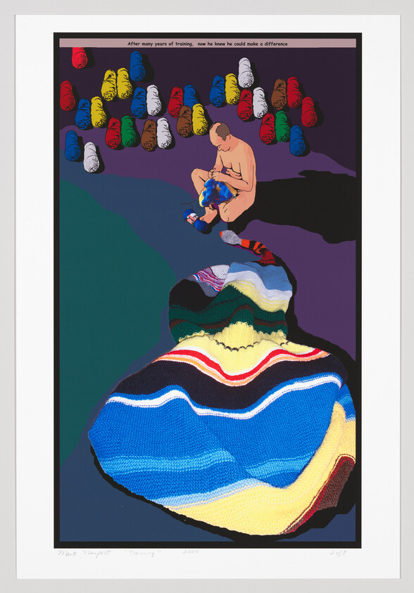 Illustration of a shirtless man sitting and lacing up a blue boxing glove, with a variety of colorful boxing gloves hanging above him. The text above reads "After many years of training, now he knew he could make a difference." Below the image, there's a handwritten signature and the word "Training" followed by the year 2005. The artwork is numbered at the bottom right.