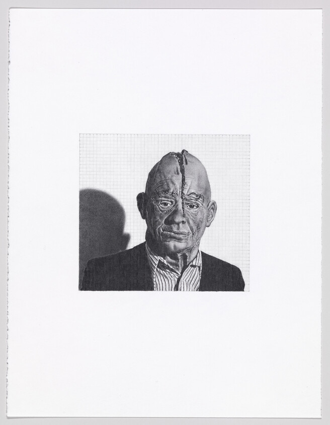 An older man with a long vertical scar down his face and head stares forward against a grid background.