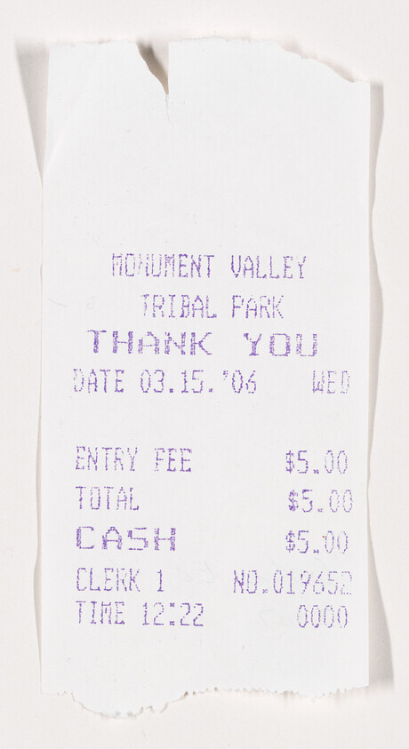 Receipt from Monument Valley Tribal Park showing a $5 entry fee and date March 15, 2006.