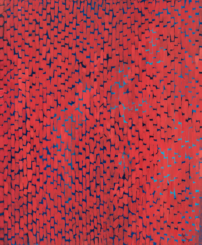 A background of blue obscured almost completely by bright red streaks running up and down the canvas.