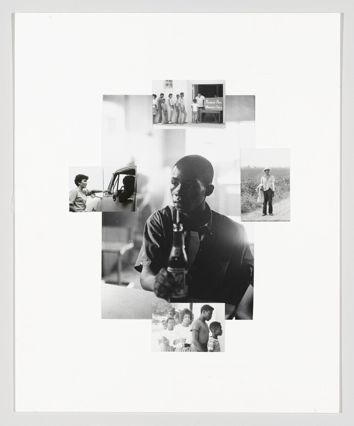 A young boy sits at a table holding a bottle, surrounded by smaller black-and-white photos.