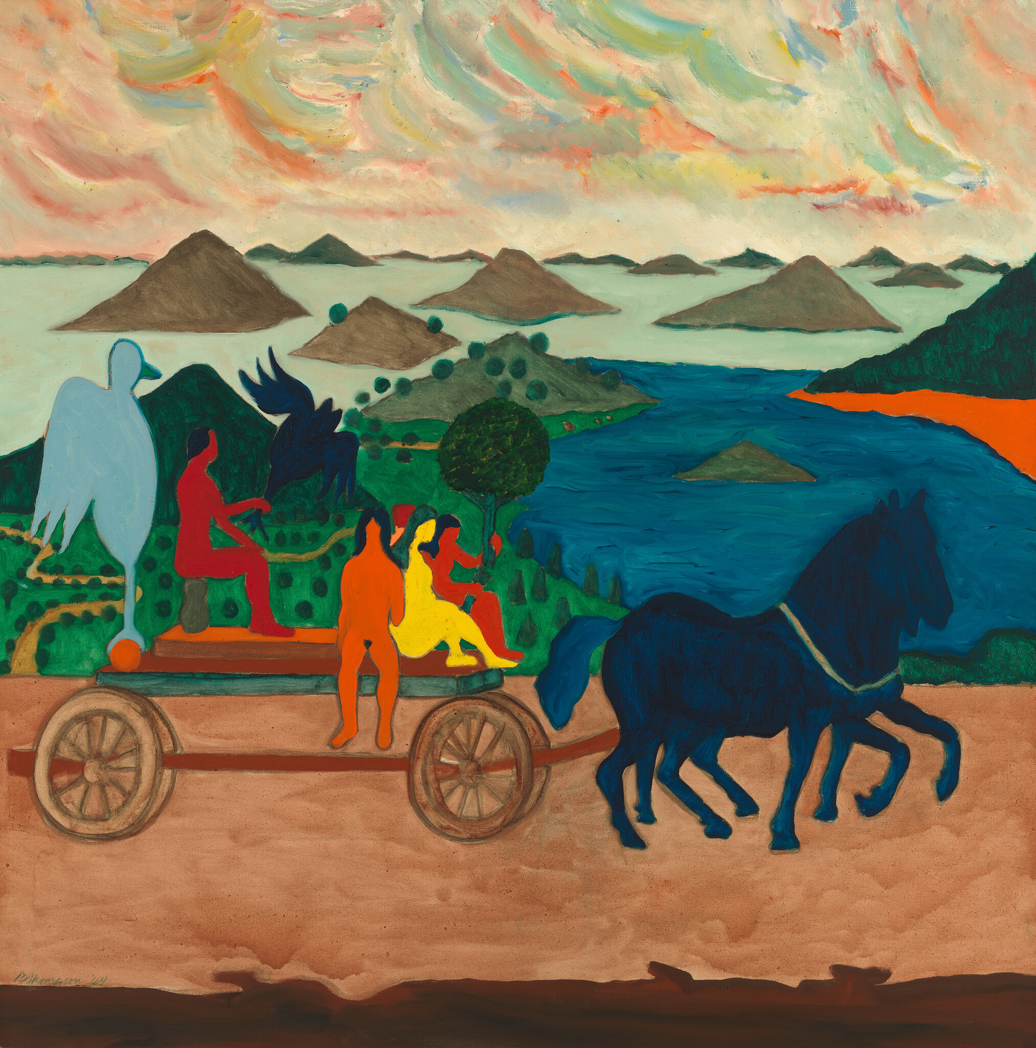 Two dark blue horses pull a cart carrying colorful human figures past a coastal landscape.