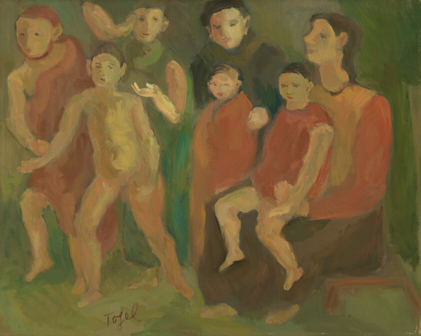 Seven people, including adults and children, gathered closely with gentle, caring postures.