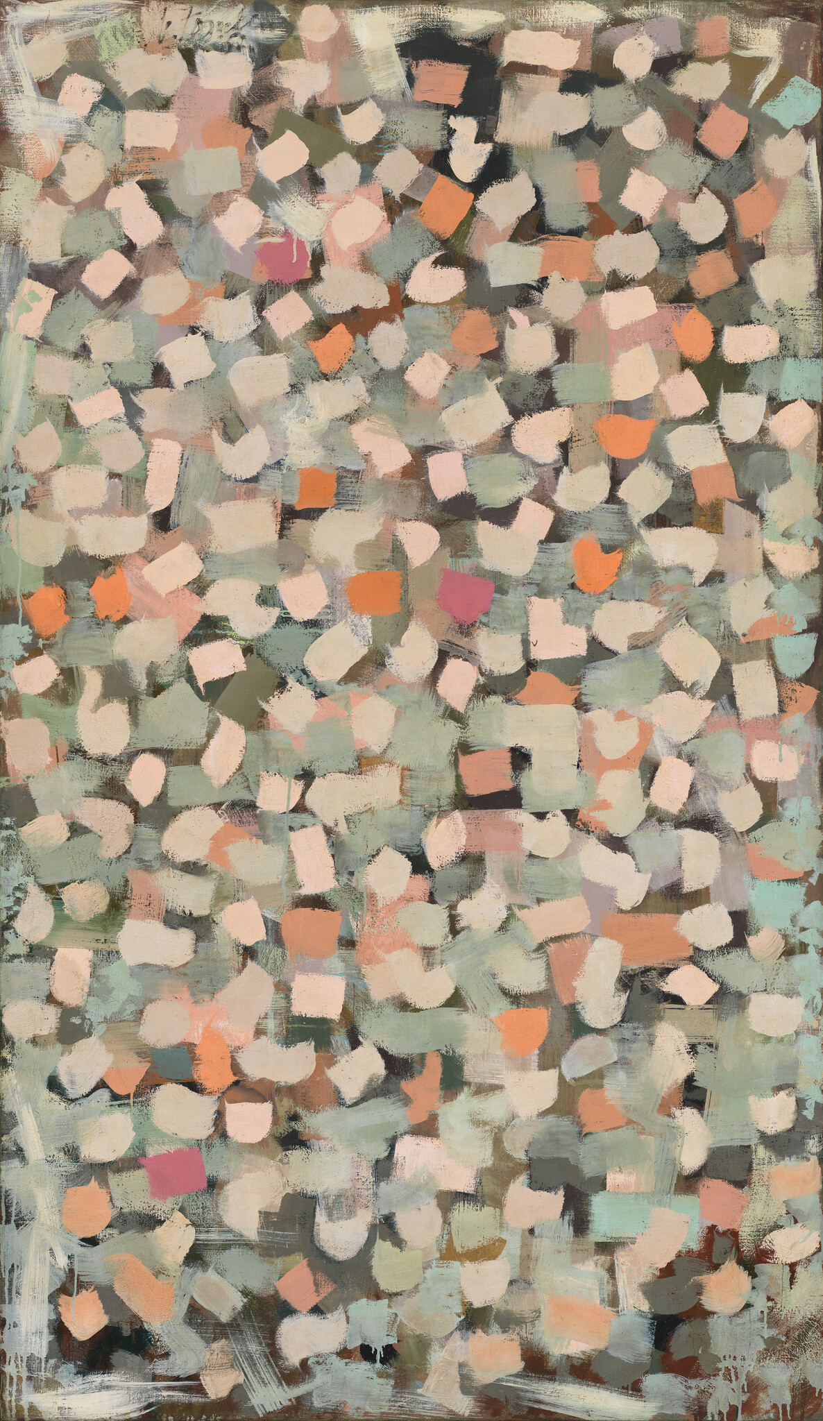 Abstract painting with scattered pastel brushstrokes creating a soft, patchwork-like pattern.