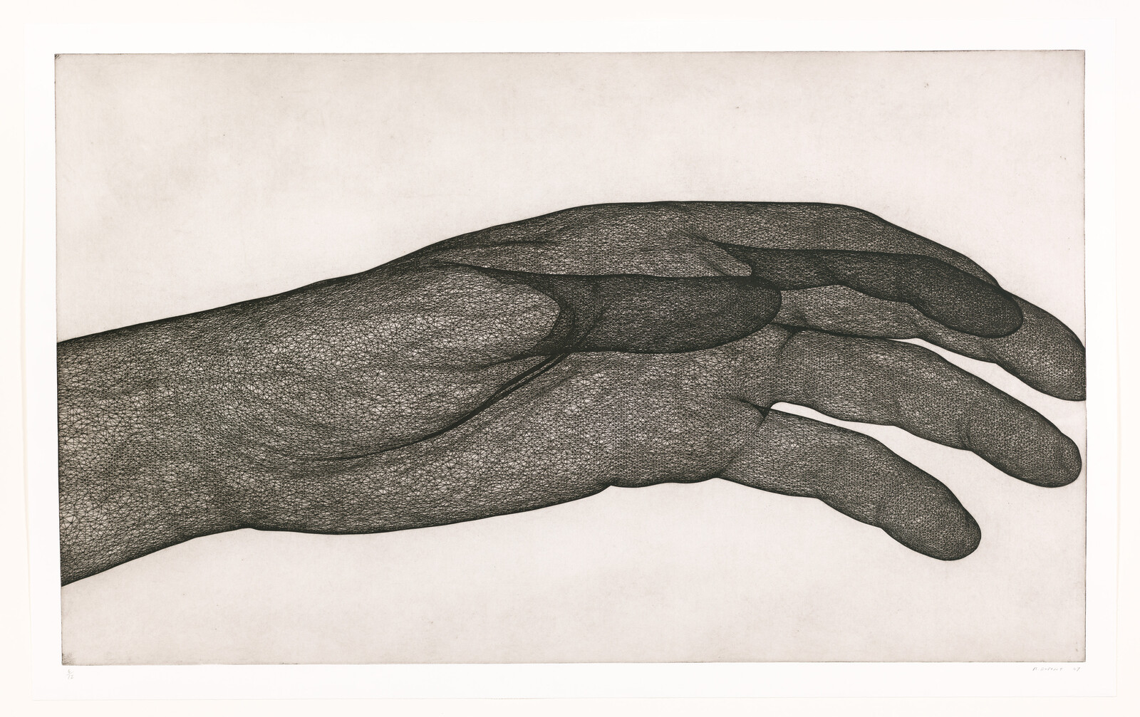 A detailed hand is drawn in dense crosshatched lines with fingers slightly curved.