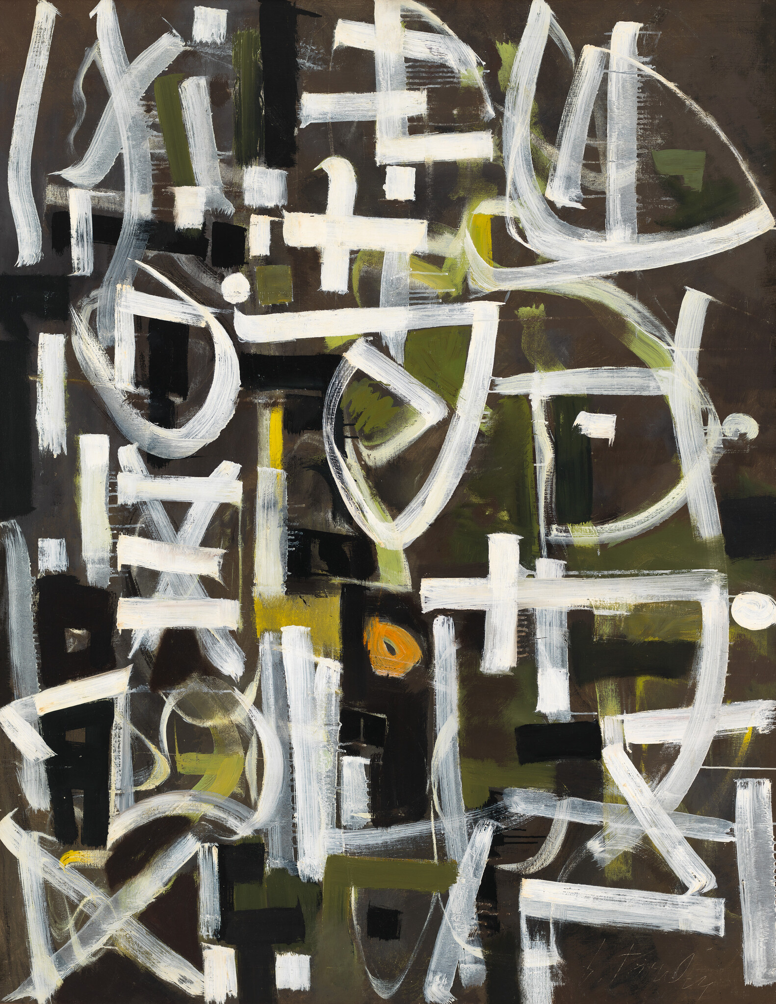 Abstract painting with white looping brushstrokes, dark background, and green and yellow accents.