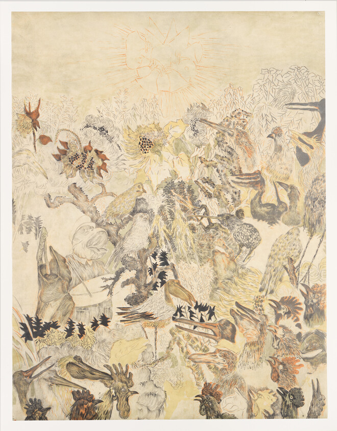 Many different birds gather among sunflowers and plants under a faint sun.