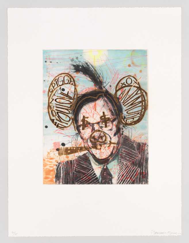 A portrait of a suited man with a pig nose, mouse-like ears, and a cigar.