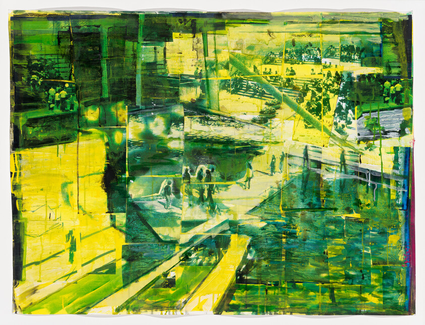 People walk through a sunlit urban plaza and bridges in a layered green and yellow collage.
