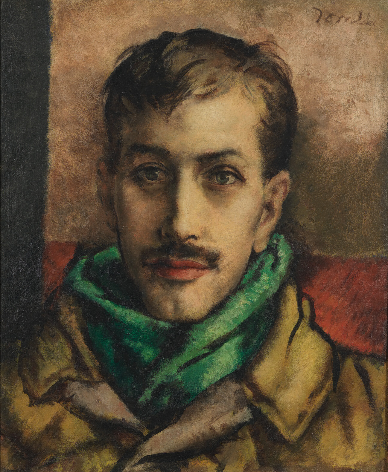 A young man with a mustache and green scarf looks directly toward the viewer.