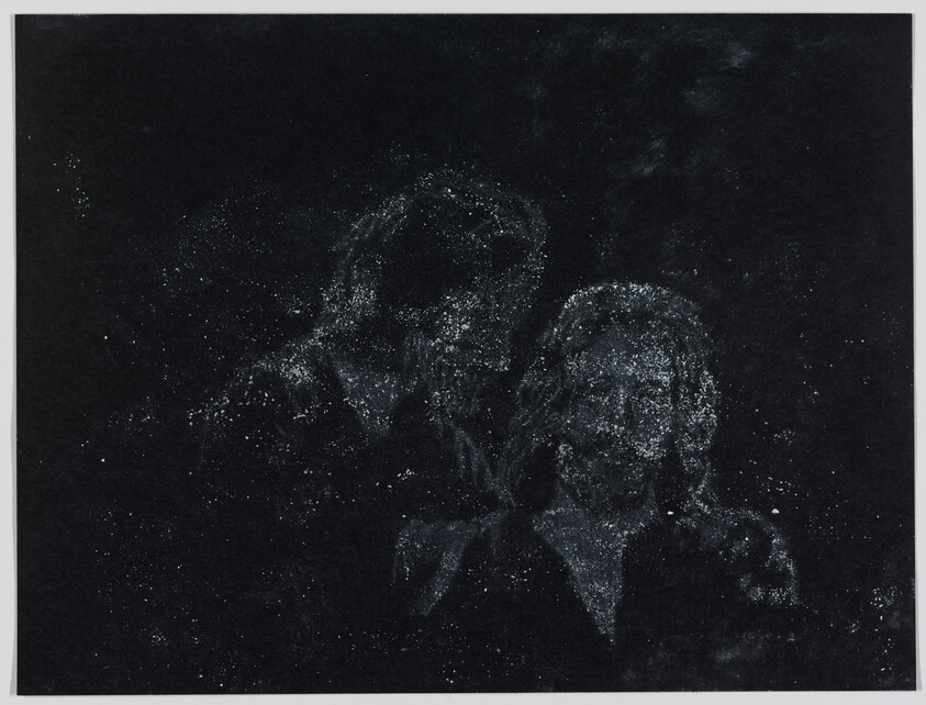 Two faint faces emerge from scattered white specks against a dark background.