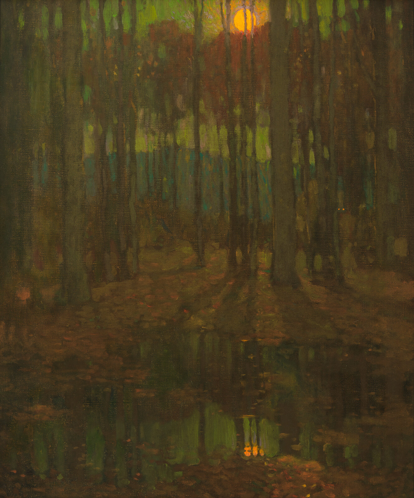 A dark forest at dusk with a glowing sun peeking through trees and reflecting in a pool.