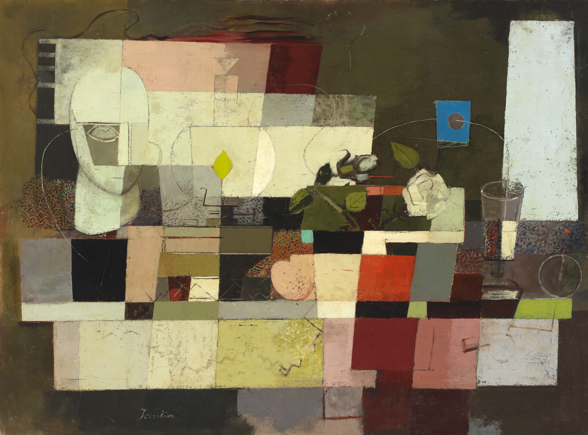Abstract still life with a sculpted head, white rose, glass, and colorful geometric blocks.
