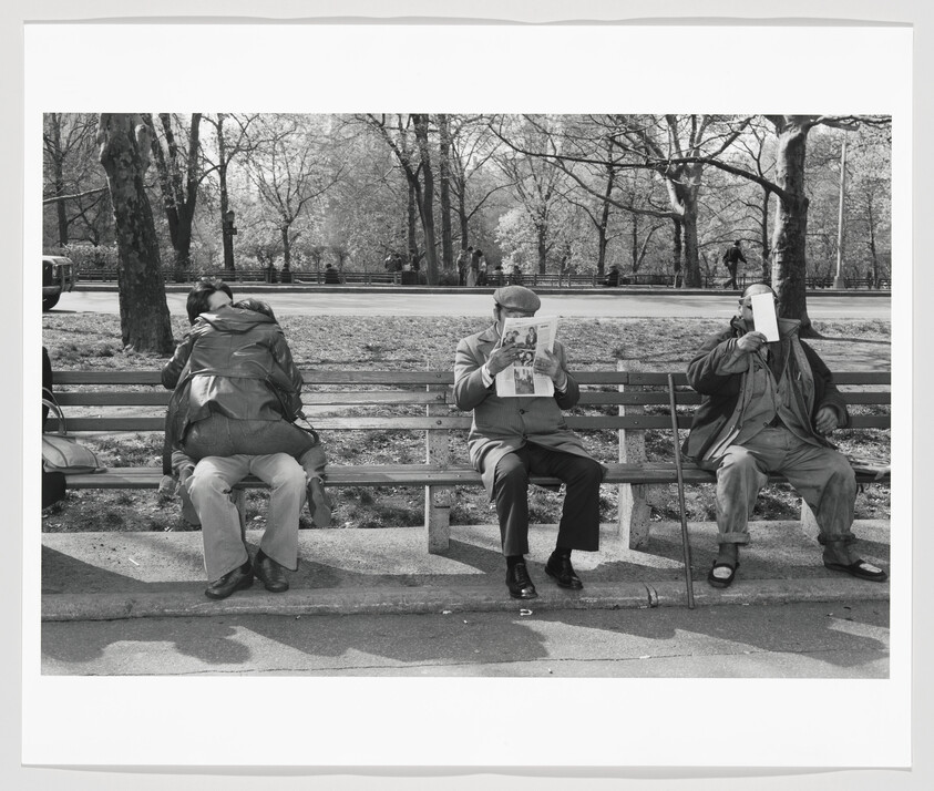 Three people sit on a park bench: a couple embracing, and two men hiding faces behind papers.