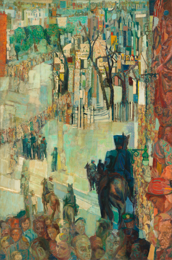 Crowd watches mounted soldiers and a ceremonial procession moving past ornate city buildings.