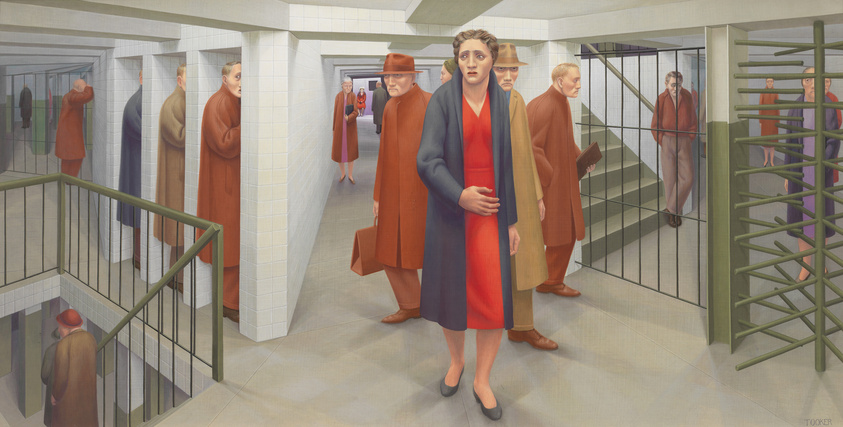 Illustration of people in a subway station with turnstiles, featuring a prominent woman in a red coat looking forward.