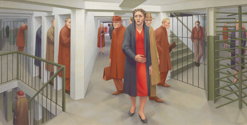 A worried woman in a red dress stands in a crowded subway concourse near turnstiles.