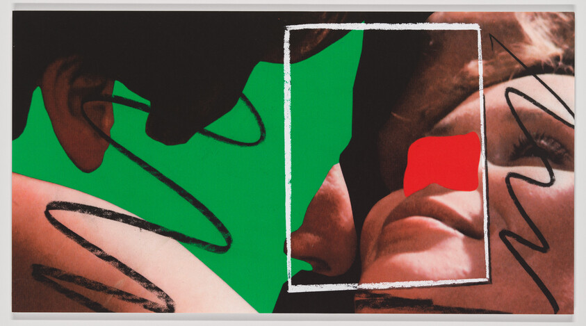 Two people leaning close with abstract green and red shapes and black scribbles.