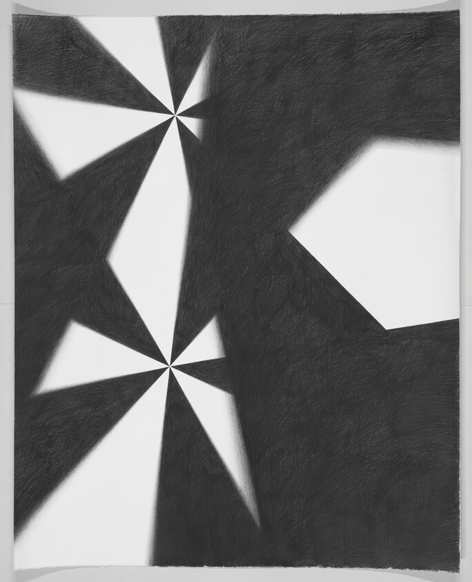 Black and white abstract composition with two starburst shapes and angular polygonal blocks.