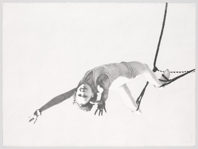 A trapeze artist hangs by ropes and reaches outward while arching backward in midair.