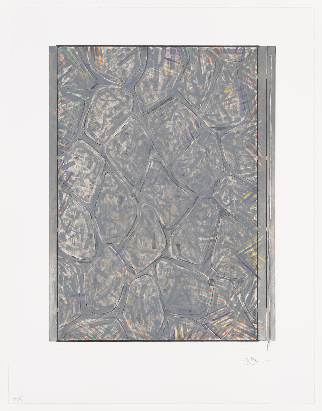 Large abstract artwork showing irregular stone-like shapes with grey brushstrokes and scattered colorful streaks.