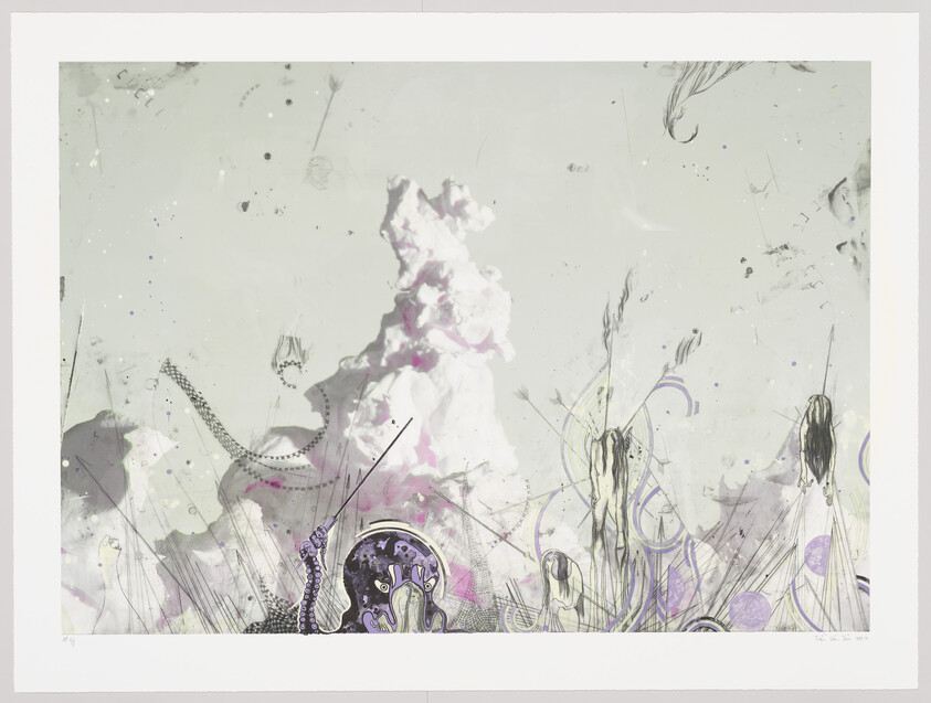 A pale abstract landscape with a central cloudlike mound, delicate plantlike lines and purple accents.