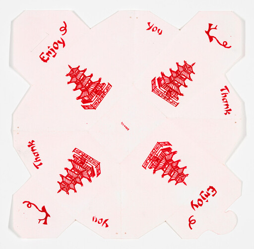 Flattened white Chinese takeout box with red pagoda prints and "Enjoy" and "Thank you" text.