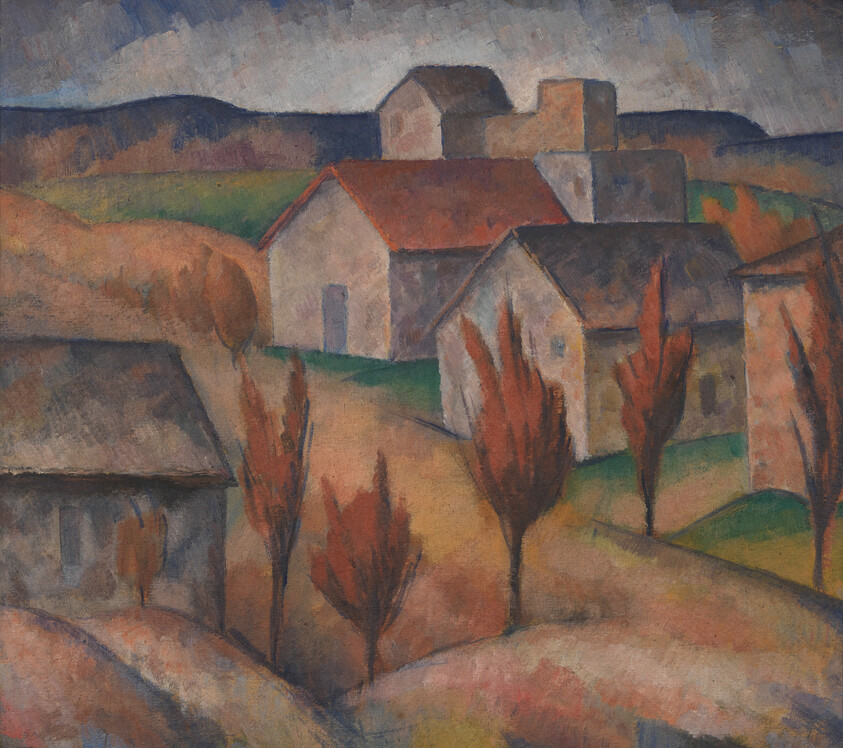 Cluster of simple houses on rolling hills with tall reddish trees under a muted sky.