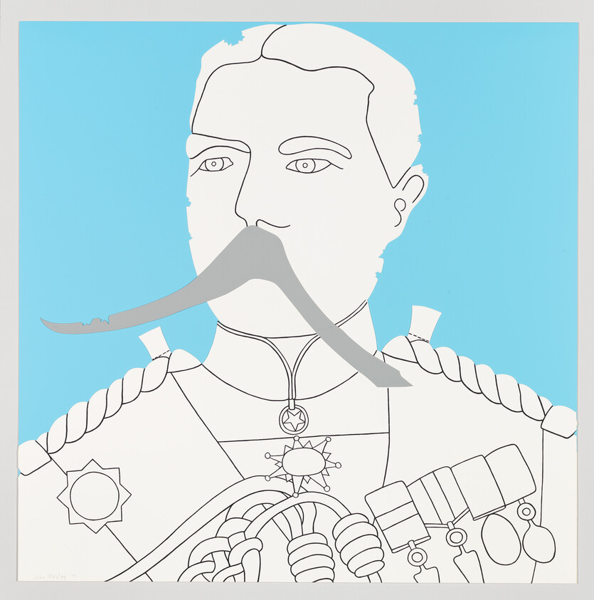 Graphic artwork of a stylized male figure with a prominent mustache, depicted in a line drawing style against a solid blue background. The figure is adorned with various medals and military decorations.